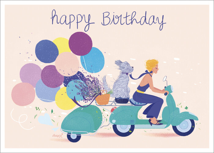 LL010 Audrey Bussi ansichtkaart - happy birthday - scooter