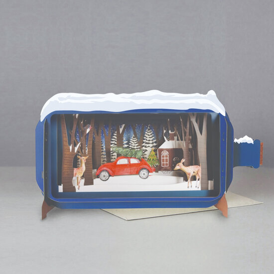 XMIB051 Message in a Bottle kerstkaart - auto, kerstboom en hertjes