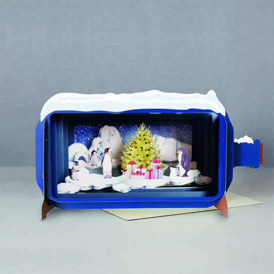 XMIB055 Message in a Bottle kerstkaart - pinguins bij kerstboom