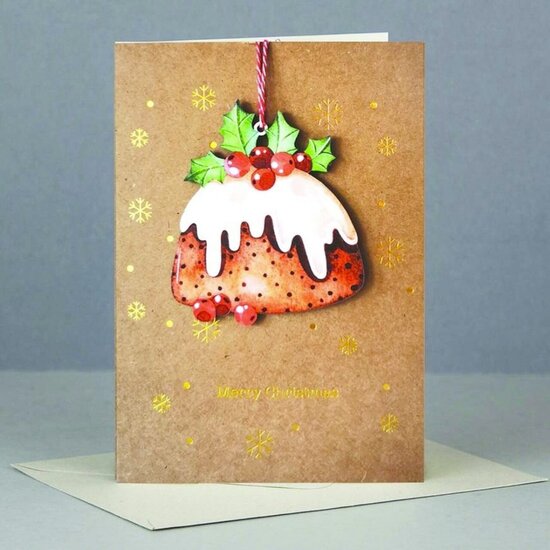 WHC024  kerstkaart met houten hanger - merry christmas - kerstpudding