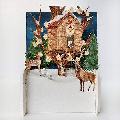 xpop018 pop-up kerstkaart - herten en boomhut