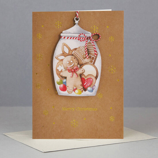 WHC057 kerstkaart met houten hanger - merry christmas - pot met lekkers