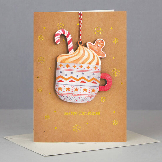 WHC055 kerstkaart met houten hanger - merry christmas - chocolademelk