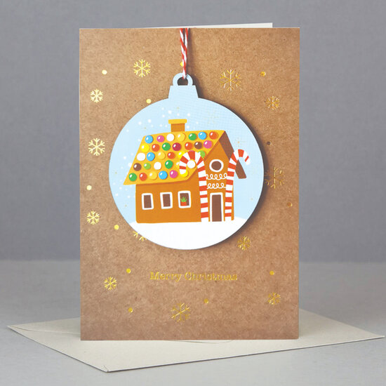 WHC033 kerstkaart met houten hanger - merry christmas - snoephuisje