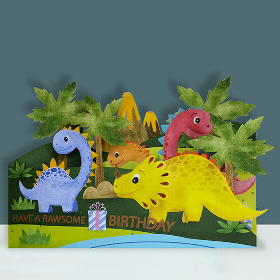 KC011 lasergesneden kaart - have a rawsome birthday - dino&#039;s