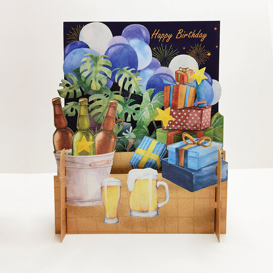 MN052 Miniature pop-up kaart - happy birthday - bier