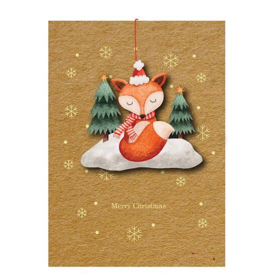 WHC079 kerstkaart met houten hanger - merry christmas - vos