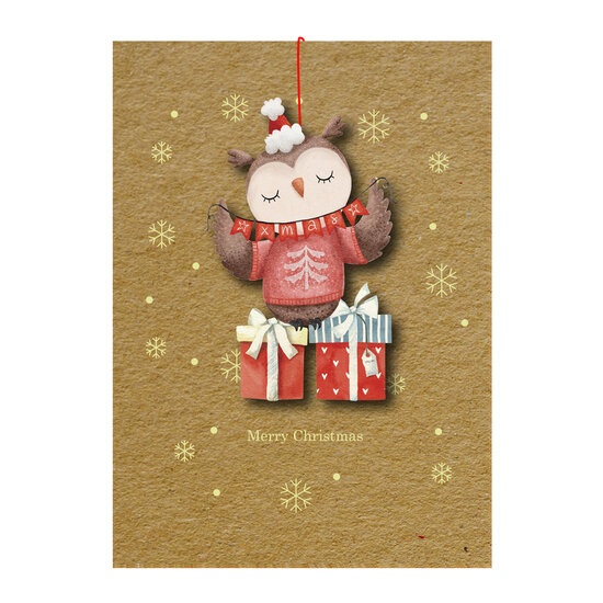 WHC072 kerstkaart met houten hanger - merry christmas - uil