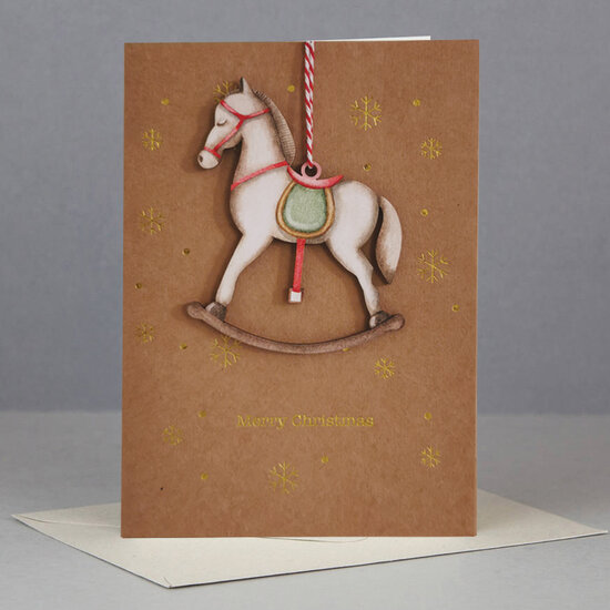 WHC067 kerstkaart met houten hanger - merry christmas - hobbelpaard