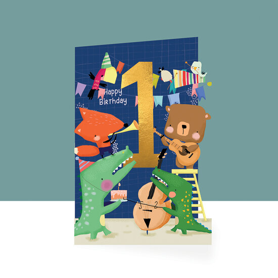 KC013 laser gesneden kaart - 1 jaar - happy birthday - dieren blauw