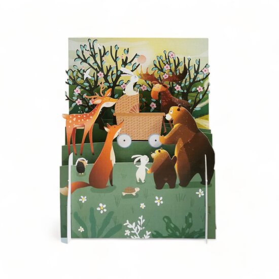 MN064 Miniature pop-up kaart - dieren kijken naar kinderwagen