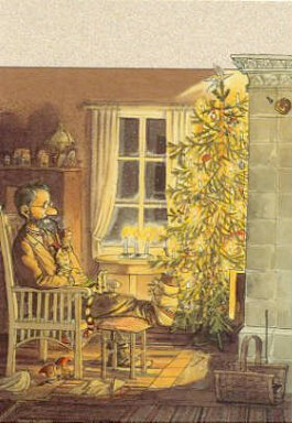 k16026 ansichtkaart Pettson en Findus - man bij kerstboom