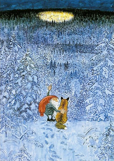 k16031 ansichtkaart - besneeuwd bos met kabouter en kat
