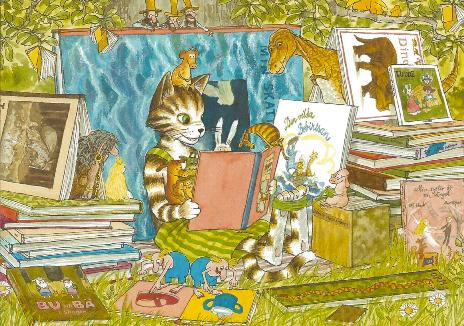 16631 ansichtkaart Pettson en Findus - kat leest boek voor