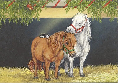 k16660 ansichtkaart - pony&#039;s en kerstballen