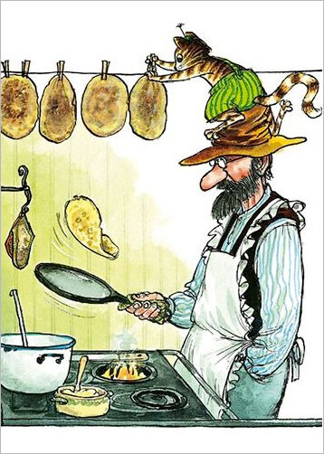 A4 1001 ansichtkaart - Pettson en Findus - pannenkoeken bakken