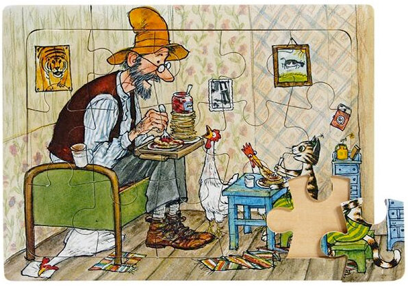 houten puzzel met 15 stukken - Pettson &amp; Findus eten pannenkoeken - 3273