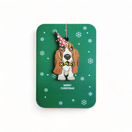 WHC090  kerstkaart met houten hanger - merry christmas - hond