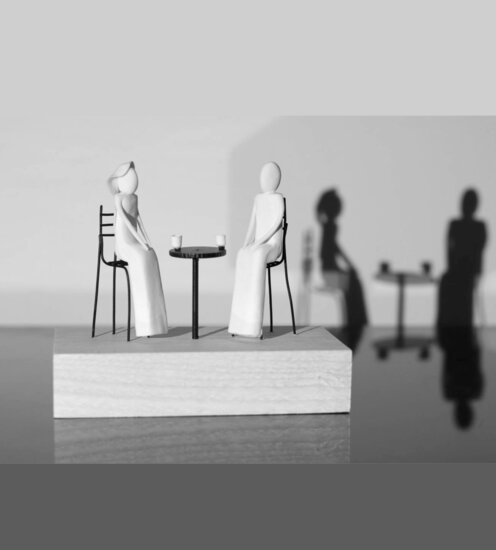 Sculptuur Laurent Tr&eacute;bout - eerste kopje koffie - premier caf&eacute;