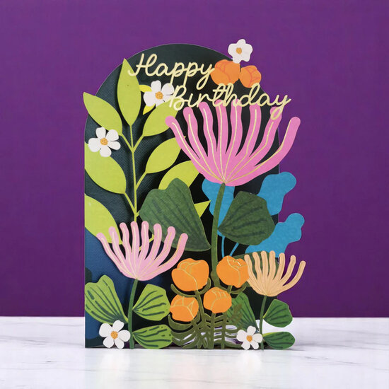 AL272 Laser uitgesneden wenskaart - bloemen - happy birthday