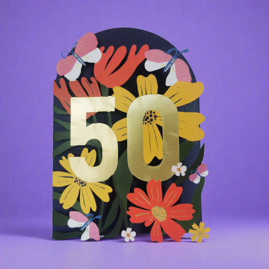 AL281 Laser uitgesneden wenskaart - 50 jaar - bloemen