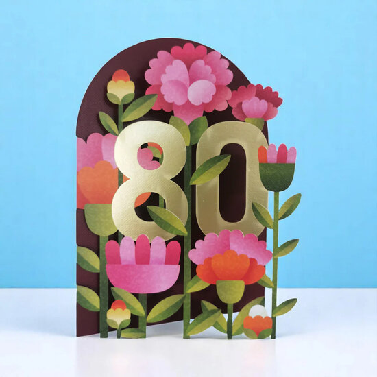 AL284 Laser uitgesneden wenskaart - 80 jaar - bloemen