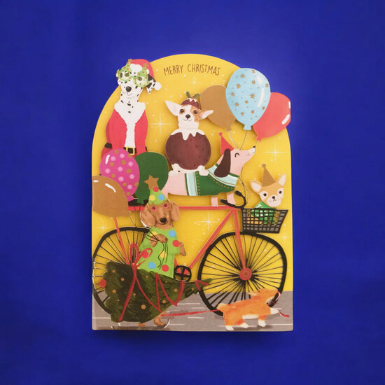 cms058 lasergesneden kerstkaart - honden op fiets