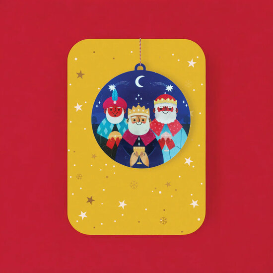 WHC102 kerstkaart met houten hanger - 3 koningen - b