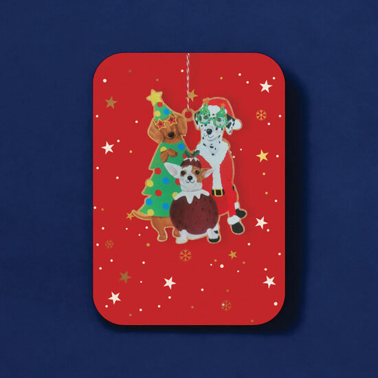 WHC103 kerstkaart met houten hanger - honden