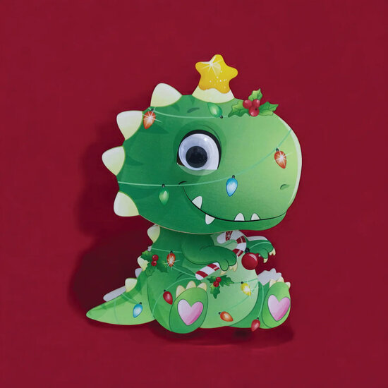 XWHK005 kerstkaart wobbly head - dinosaurus