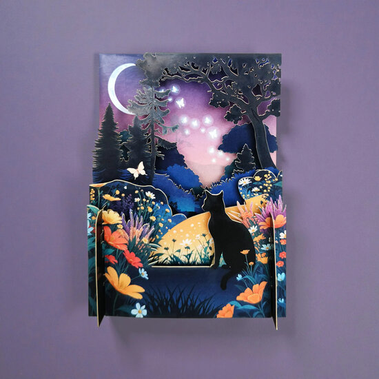 MN087 Miniature pop-up kaart - kat in de nacht | Alljoy design | Mano cards groothandel