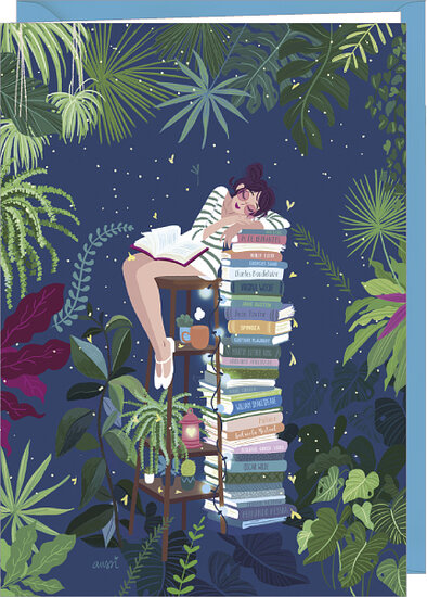 D115 - wenskaart Audrey Bussi - slapen op stapel boeken | Code5 | Mano cards groothandel