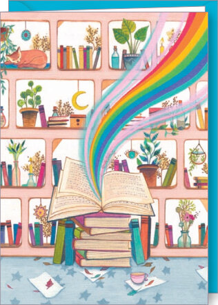 D198 - wenskaart Jehanne Weyman - regenboog uit boeken | Code5 | Mano cards groothandel
