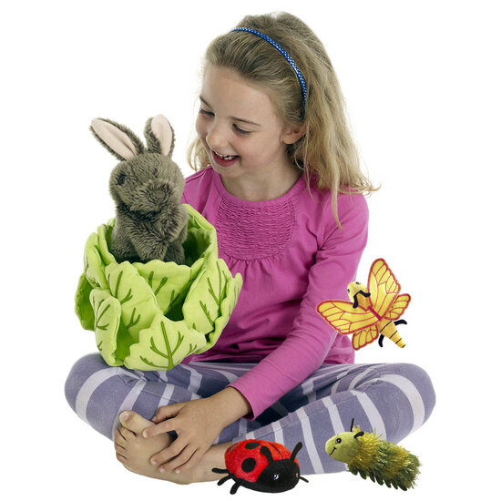 PC003022 konijn in sla en 3 vingerpoppen - hide away hand- en vingerpoppen
