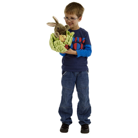 PC003022 konijn in sla en 3 vingerpoppen - hide away hand- en vingerpoppen