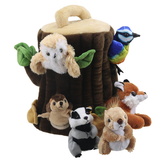 PC004505 boomstamhuis of boomhut met 6 vingerpoppen - hide away hand- en vingerpoppen