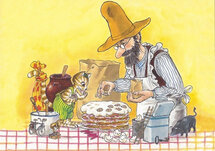 16857 ansichtkaart Pettson en Findus - man bakt taart