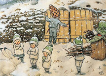 k16037 ansichtkaart Elsa Beskow - winter bij kabouterkinderen