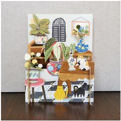 MN019 Miniature pop-up kaart - katten op en bij tafel en planten|Mano cards groothandel