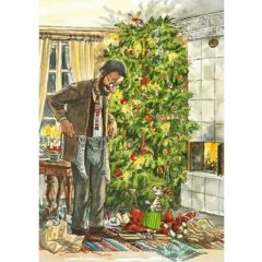 16436 ansichtkaart - man en kat bij kerstboom