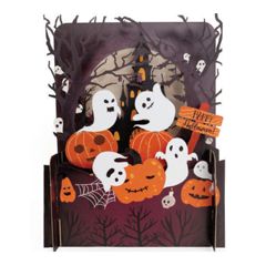 HW002 Miniature pop-up kaart Happy Halloween - spoken en pompoenen | Mano Cards Groothandel