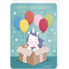 DO042 - wenskaart Barbara Formosa  - happy birthday - eenhoorn in doos | Mano cards groothandel