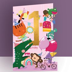 KC014 laser gesneden kaart - 1 jaar - happy birthday - dieren roze | alljoy design | mano cards groothandel