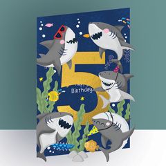 KC021 laser gesneden kaart - 5 jaar - happy birthday - haaien | alljoy design | mano cards groothandel