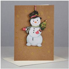 WHC068  kerstkaart met houten hanger - sneeuwpop|Mano cards groothandel