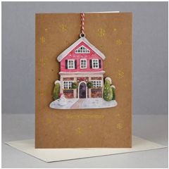 WHC062 kerstkaart met houten hanger - merry christmas - huisje | mano cards groothandel