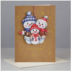 WHC059 kerstkaart met houten hanger - merry christmas - sneeuwpoppen | mano cards groothandel