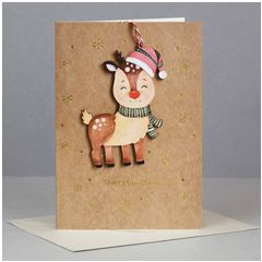 WHC054 kerstkaart met houten hanger - merry christmas - hertje | mano cards groothandel