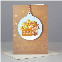 WHC033 kerstkaart met houten hanger - merry christmas - snoephuisje | mano cards groothandel