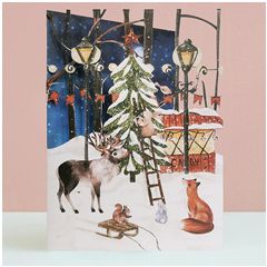 cms017 lasergesneden kerstkaart - rendier, konijn en vos bij kerstboom